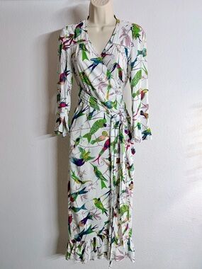 Anthropologie Floreat Aiden Bird Print Wrap Maxi Dress XS Boho